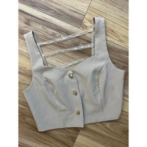 Sm Beige Lace Strap Button Front Crop Top Vest Gold Buttons Neutral Square Neck